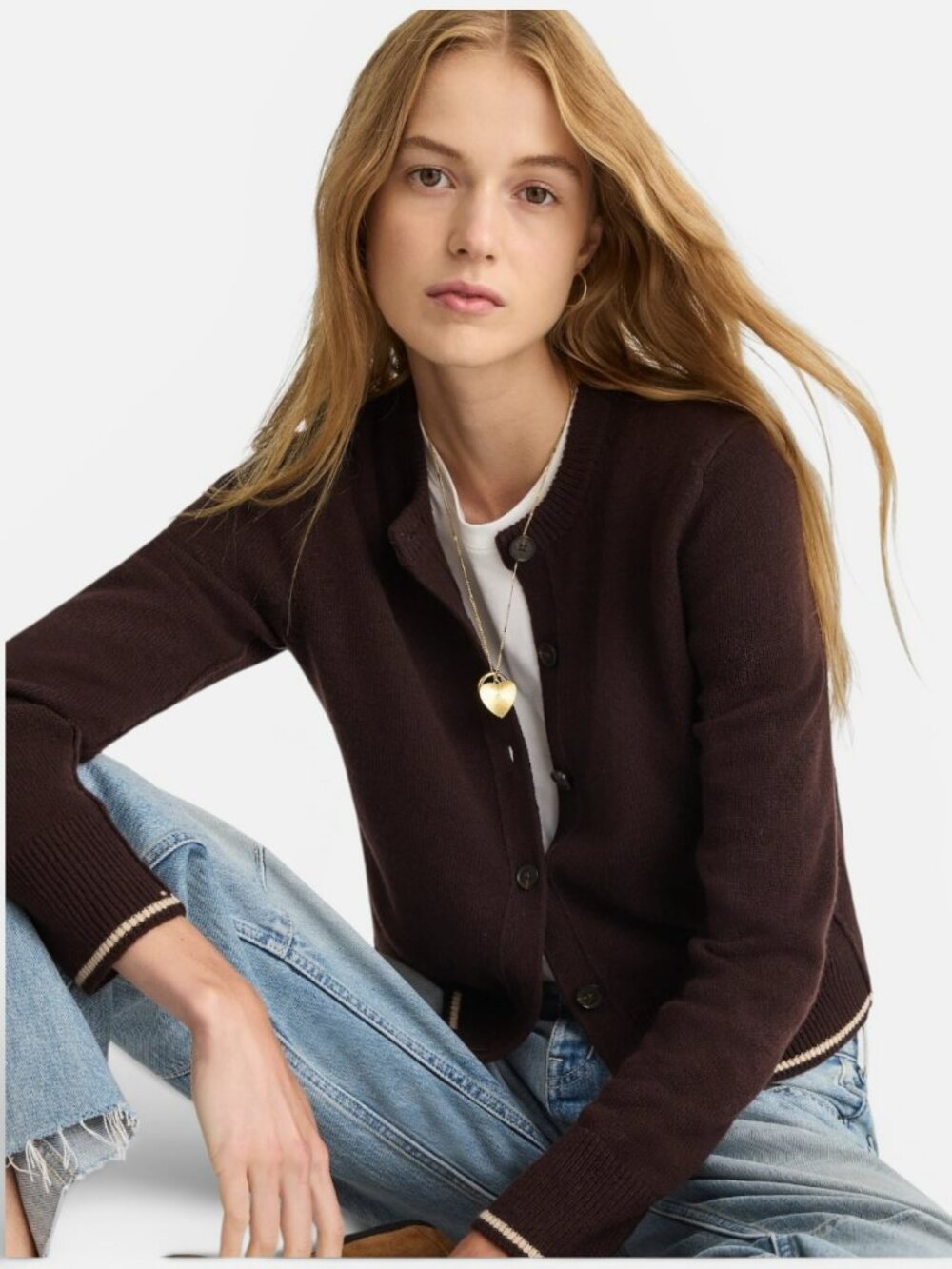 Madewell 100% Cashmere Button Front Cardigan Sweater Brown Tipped Trim Medium
